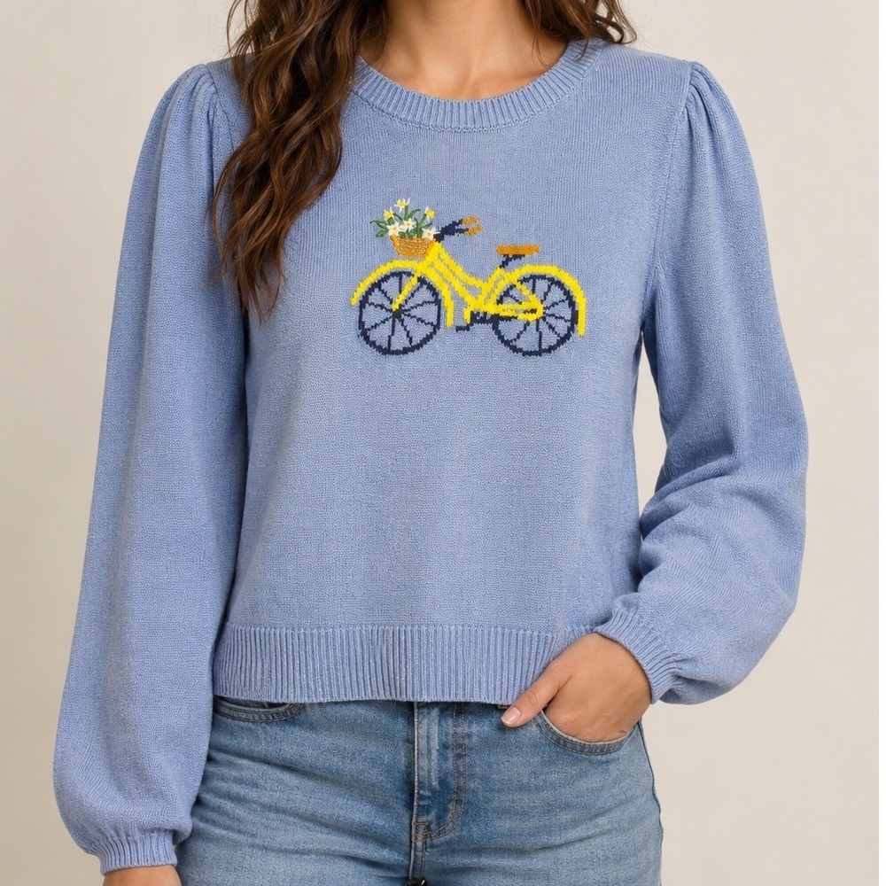 Loft Bicycle Sweater Women's Small Blue 100% Cotton Floral Bike Cottagecore